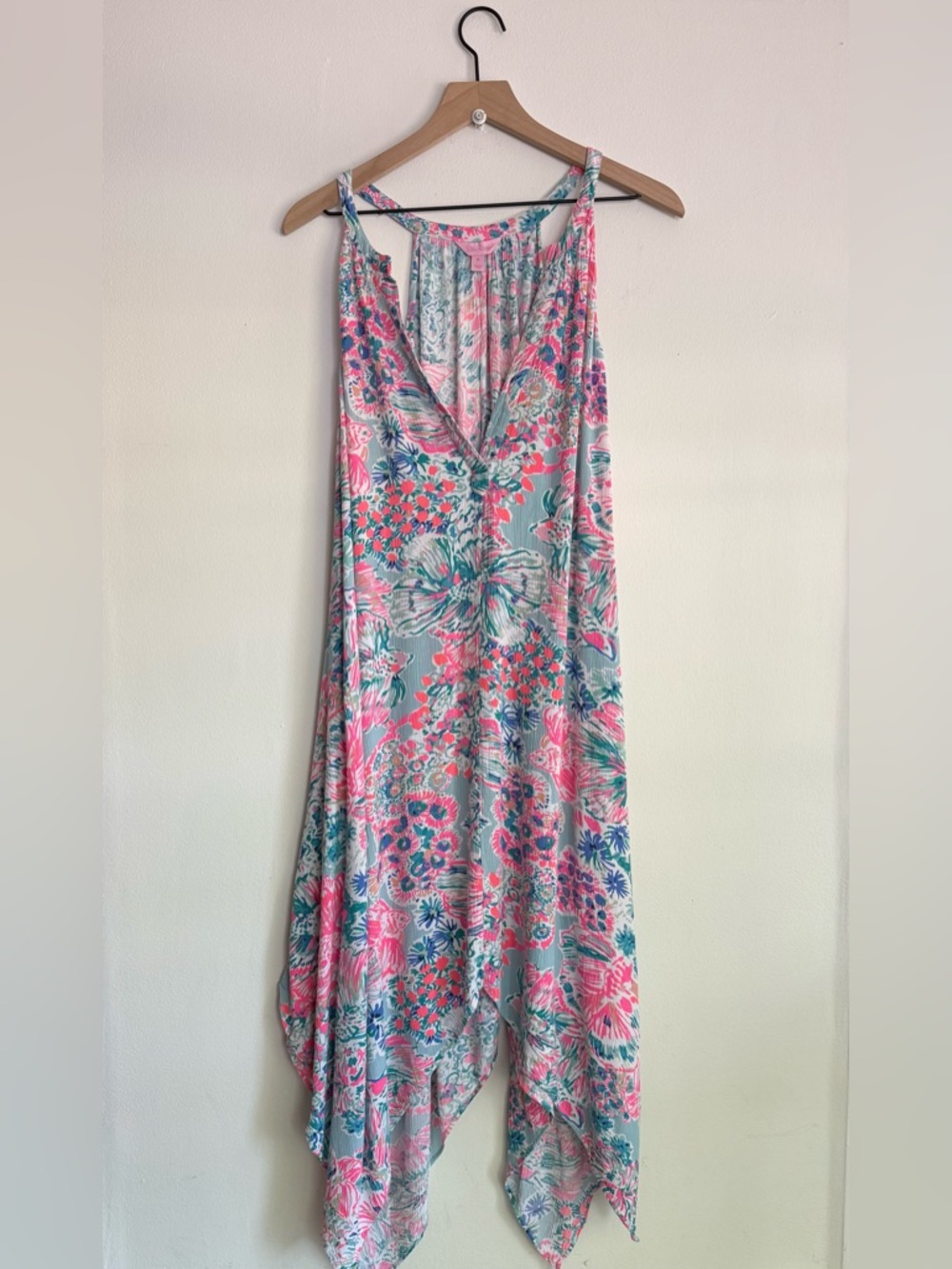 Lilly Pulitzer Monica Beach Dress Serene Blue Gypsea Floral XL Handkerchief Hem